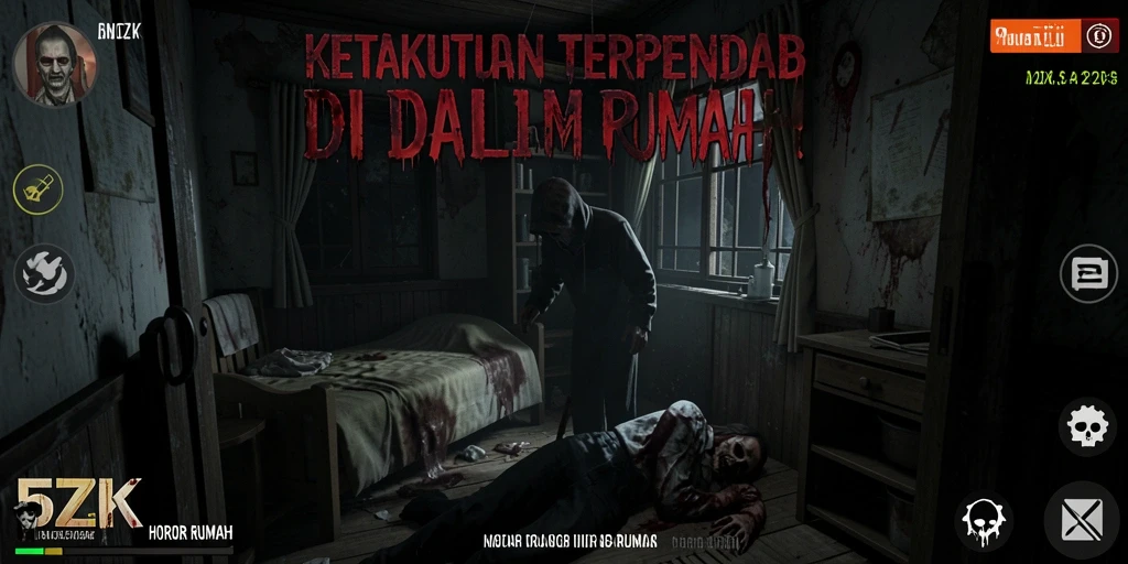 Screenshot utama 5ZK menampilkan suasana mencekam dalam rumah angker.